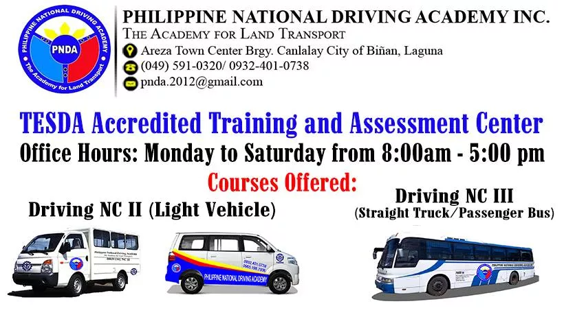 The Philippine National Driving Academy Inc. is Currently Giving Free Training and Assessment for their Driving NC II and III The Philippine National Driving Academy Inc., is giving free courses for Driving NC II and III!