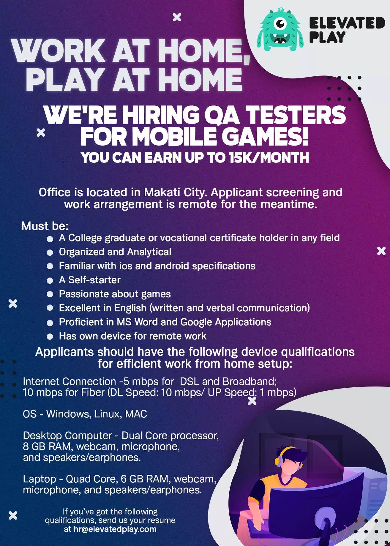 Elevated Play Philippines is Hiring | Work at Home, Play at Home Elevated Play Philippines is Hiring QA Testers