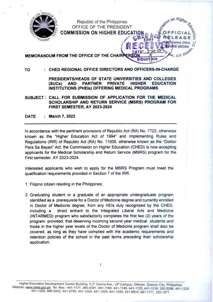 CHED Medical Scholarship and Return Service 