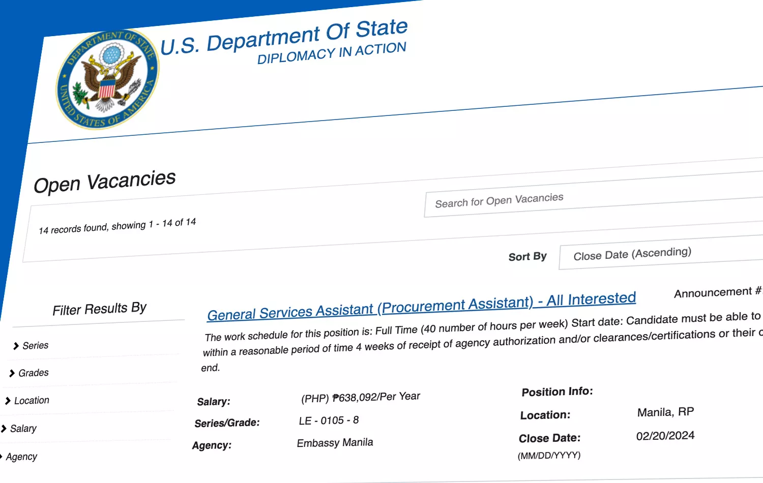 Be part of their team: U.S. Embassy in the Philippines is hiring for the following vacancies! U.S. Embassy in the Philippines is hiring