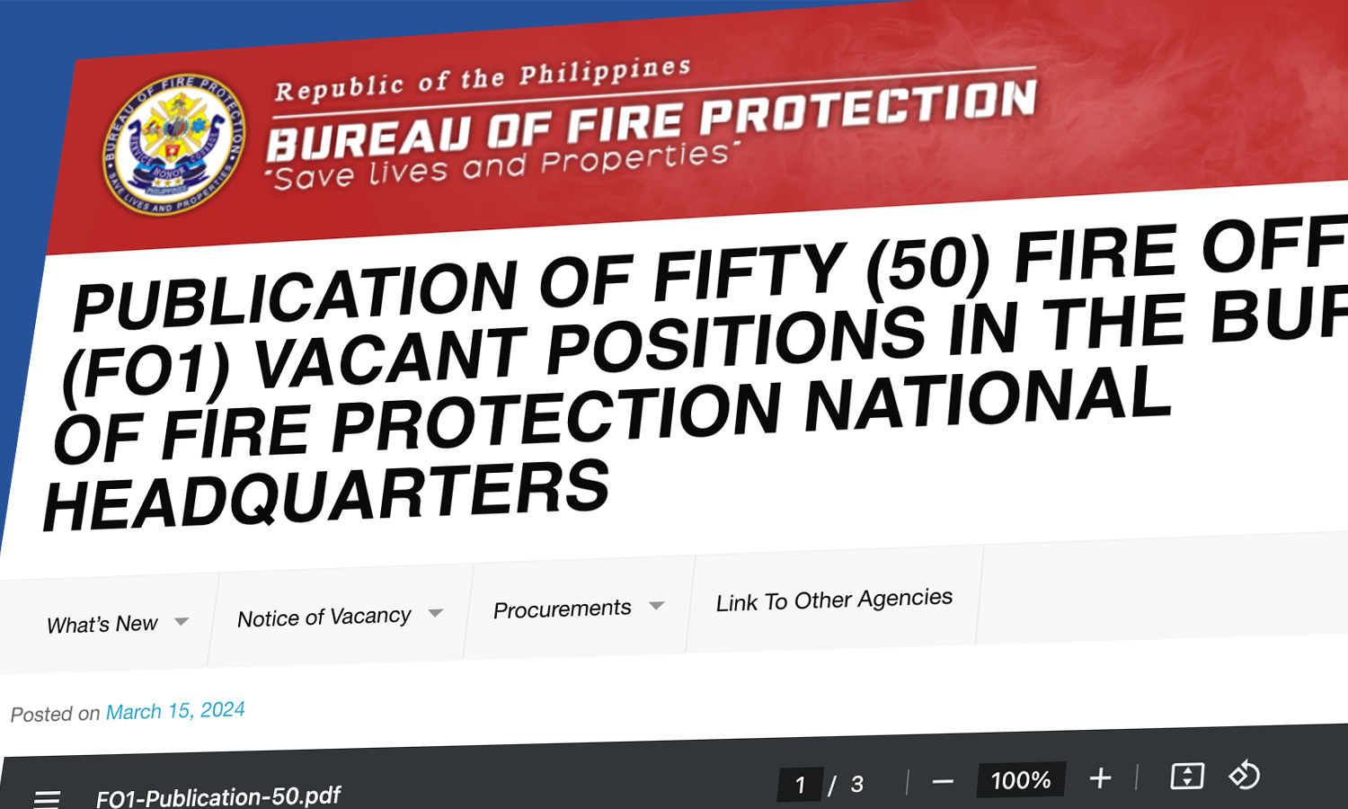 BFP Hiring 50 Fire Officers