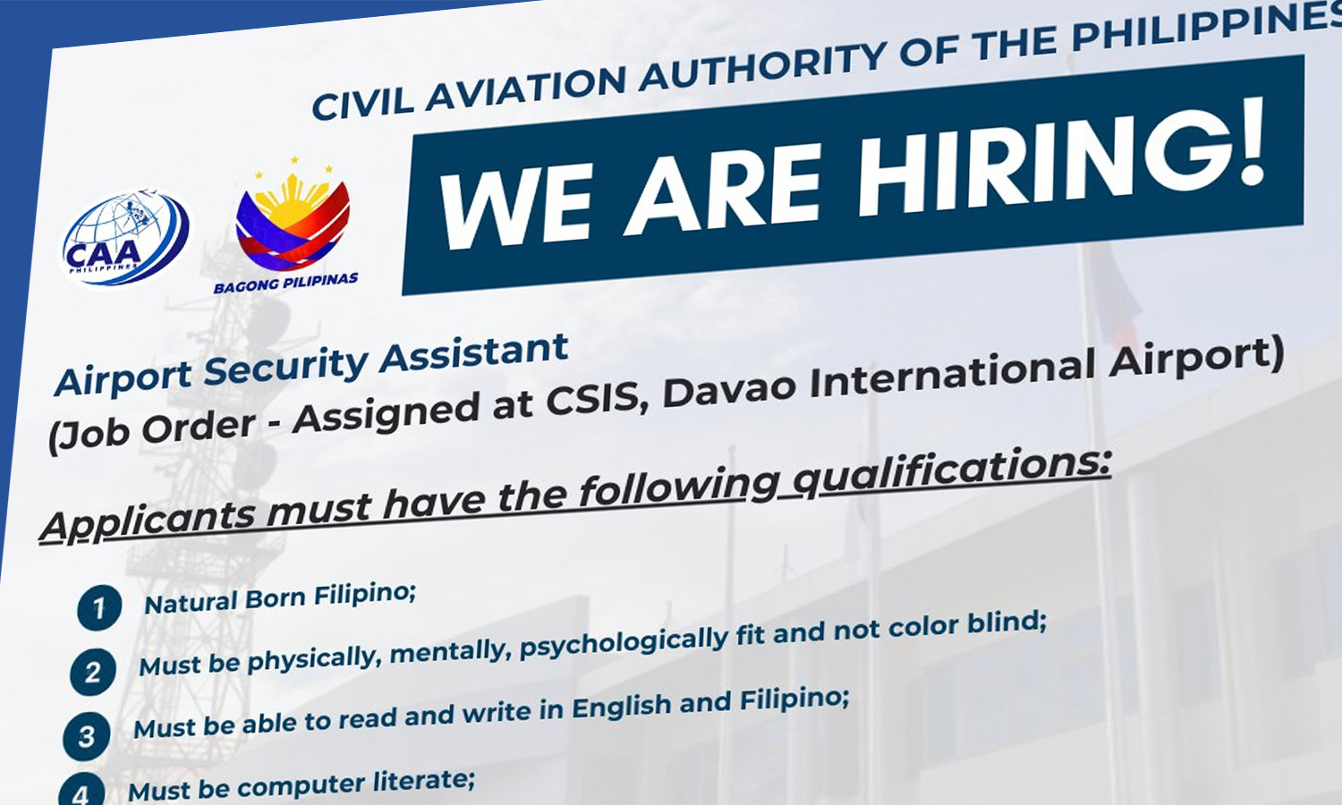 CAAP Hiring Airport Security Assistants