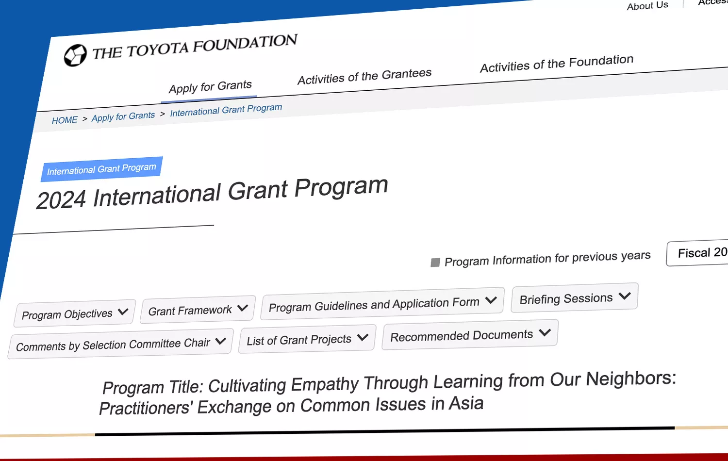 Toyota Foundation International Grant Program is now open for applications Toyota Foundation International Grant Program