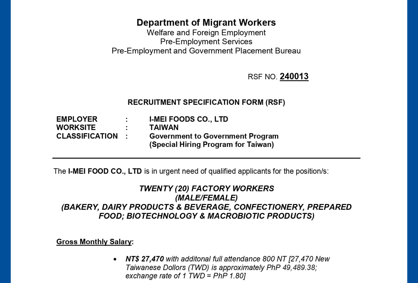 Taiwan Hiring 20 Factory workers