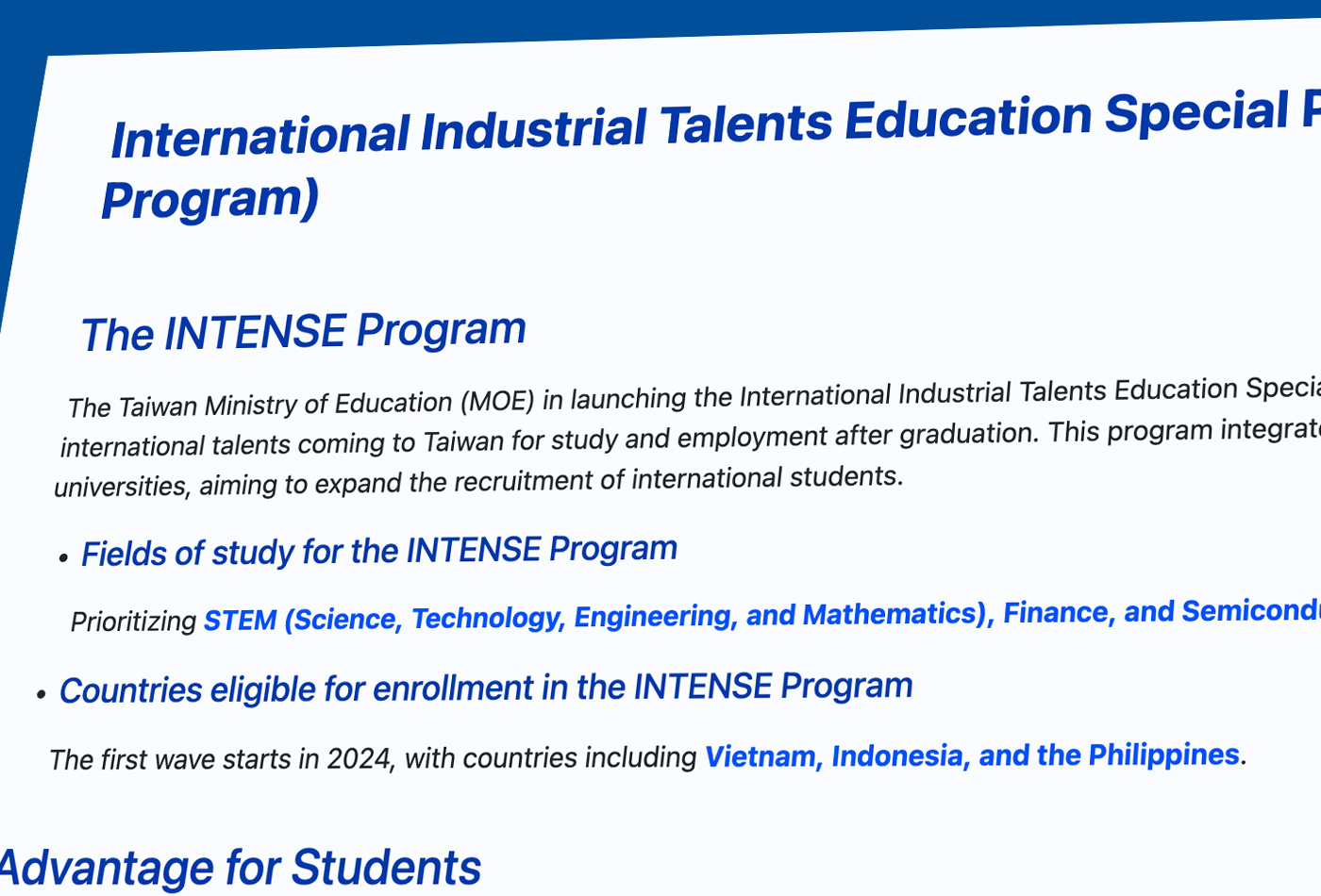 Taiwan launched INTENSE program