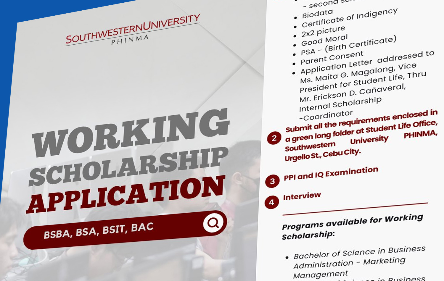 Apply now for Working Scholarship offered by Southwestern University Phinma Working Scholarship
