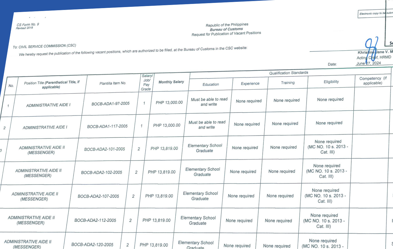 Bureau of Customs is Hiring