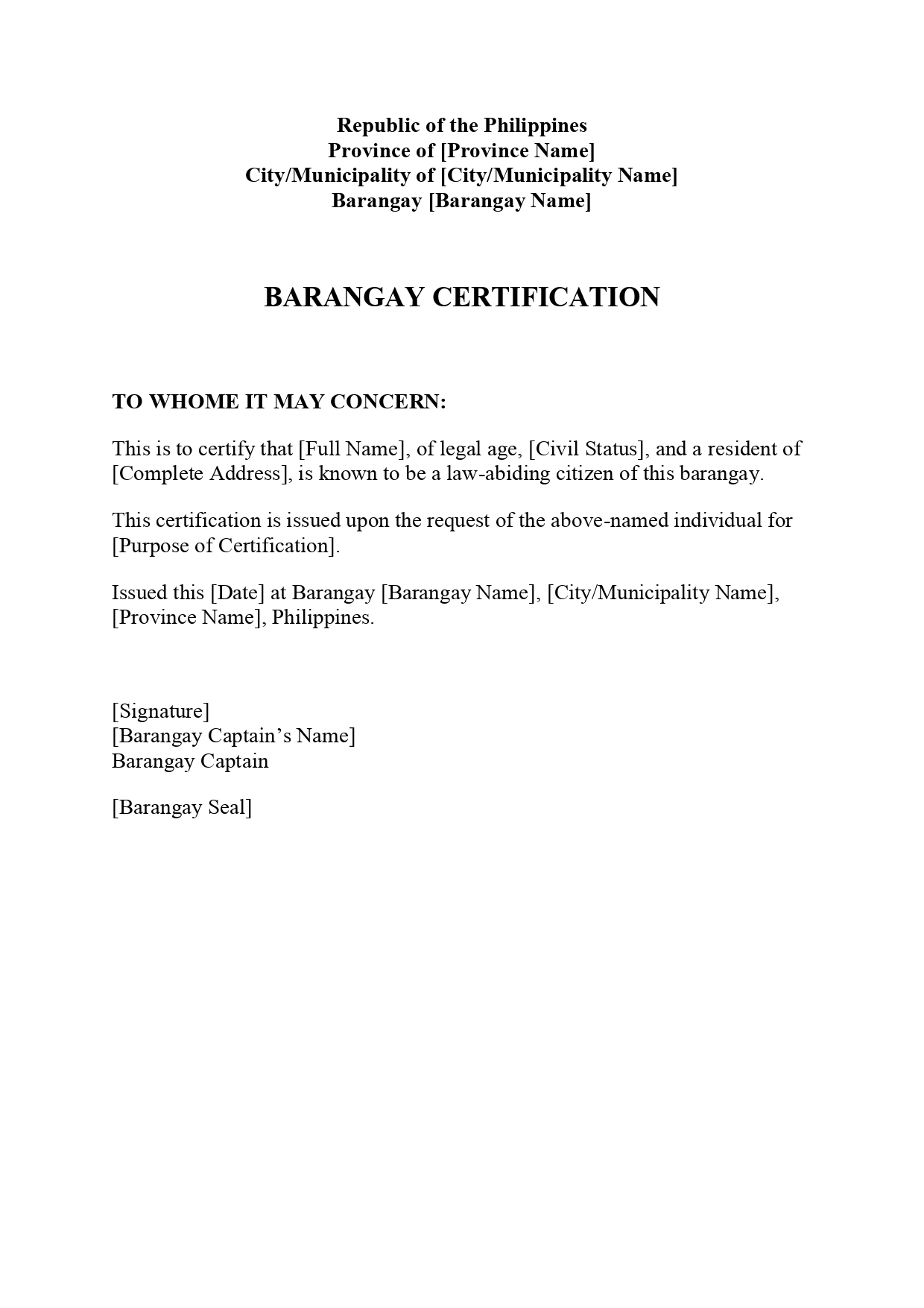 Barangay Certification Sample