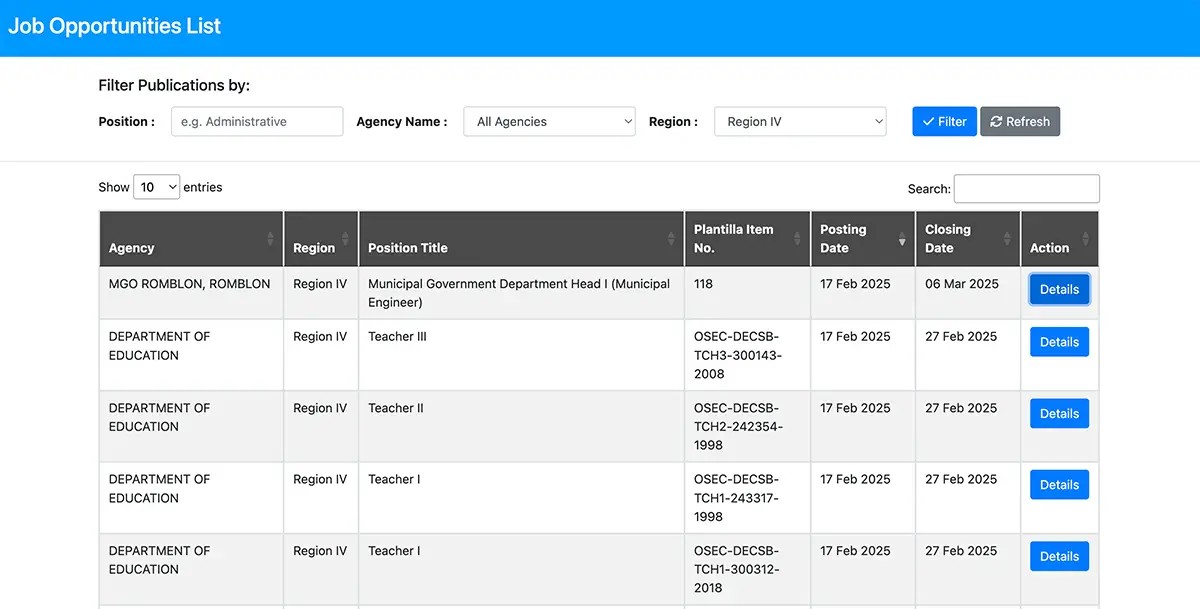 CSC Job Portal - List of Jobs