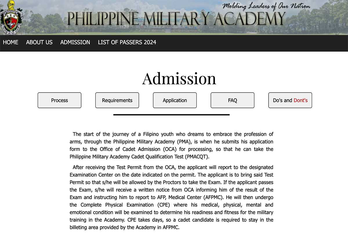 PMA Entrance Exam Admission Page