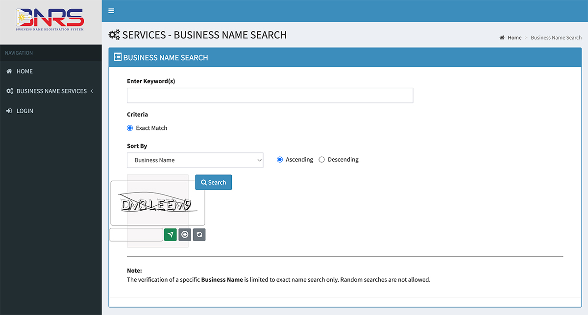 DTI Online Registration - Search Business Name